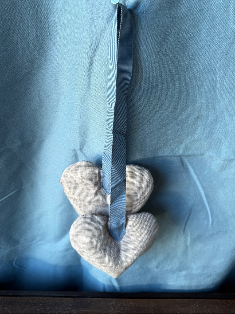 Handmade Fabric Stuffed Double Heart Hanging Ornament Blue Grosgrain Ribbon